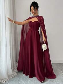 SHEIN Elenzya Pearl Decor Waist Cinched A-Line Elegant Romantic Sophisticated Women Party Dress, Lightweight Cocktail Gown - Burgundy - View 5