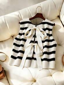 Franclia 早春新款休闲蝴蝶结缎带圆领无袖撞色条纹女式针织上衣 - 彩色 - 查看 2