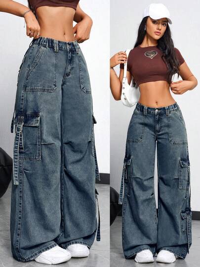 Rivivi Women's Casual Fashion Street Snap Flap Pocket Loose Fit Wide Leg Jeans Y2k Cargo Jeans For Women Jeans Wide Leg Wide Leg Cargo Jeans Baggy Jeans Baggy Jeans Y2k