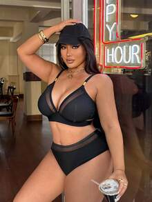 Swim SXY Ensemble de bikini noir unicolore 2 pièces grande taille amincissant avec accent en métal doré, ensemble de bikini triangle à taille haute, tenue de vacances décontractée et pour un port quotidien - Noir - Voir 6