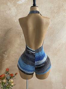 Soleia Bộ áo liền quần dệt kim cổ chữ V sâu, phối màu tương phản, gợi cảm dành cho nữ - Nhiều màu - Xem 2