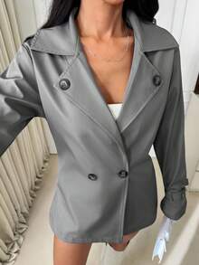 SHEIN Women Solid Color Button Detailed Trench Coats - Light Grey - View 6