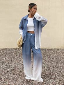 Livesso 春夏扎染宽松休闲街头风度假沙滩雪纺开衫衬衫和直筒裤两件套女装 - 藍色 - 查看 3