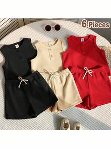 Loomiva 6件套男婴可爱休闲针织背心短裤套装，基础款多件装，夏季 - 彩色 - 查看 1