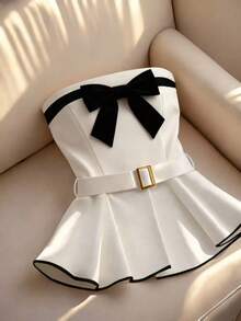 Franclia 女士白色黑色蝴蝶结前系带裹腰喇叭下摆休闲衬衫，适合日常穿着、通勤、下午茶和约会。