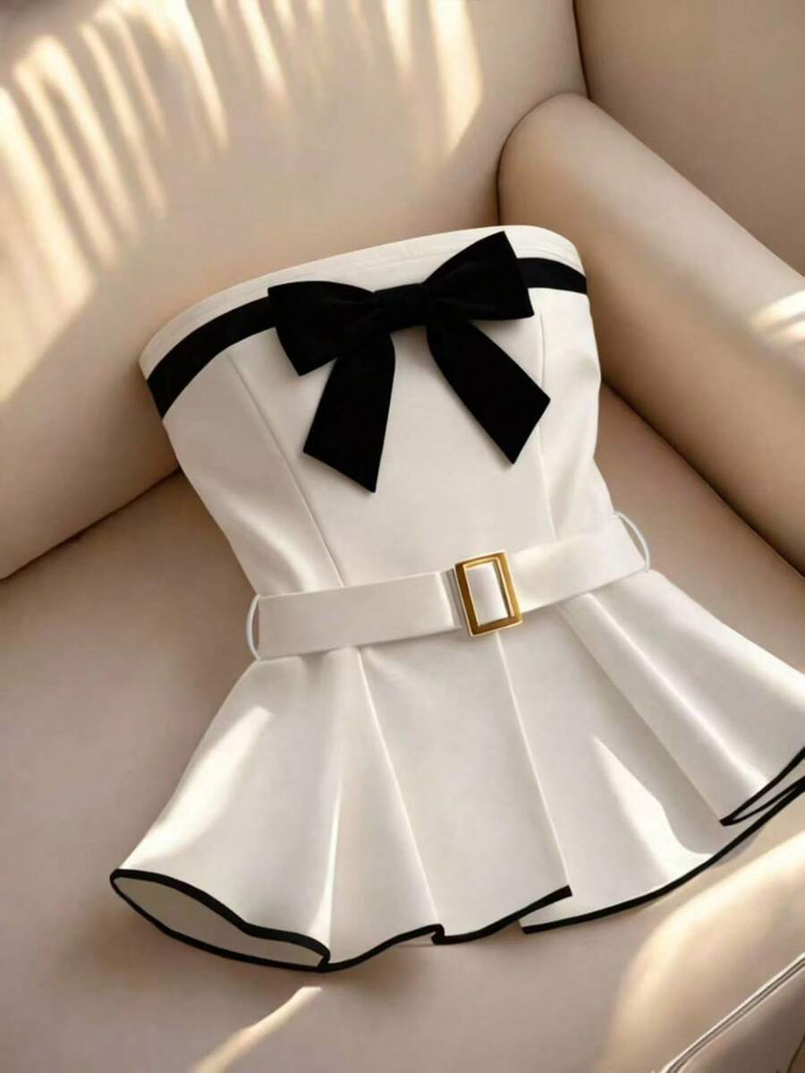 Franclia 女士白色黑色蝴蝶结前系带裹腰喇叭下摆休闲衬衫，适合日常穿着、通勤、下午茶和约会。