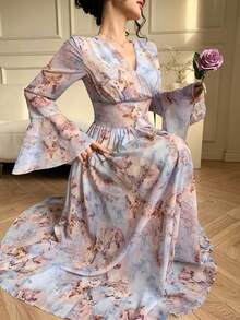 DAZY 女士印花V领喇叭袖收腰优雅连衣裙长裙吊带裙 - 藍色 - 查看 5