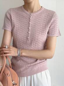 Livesso Spring/Summer Pink Textured Hollow-Out Casual/Office Commute Elegant Short Sleeve Women Knit Top - Pink - View 5