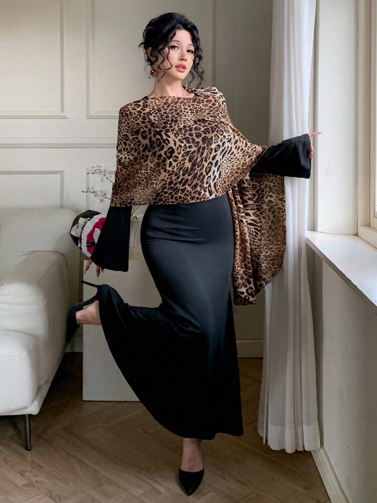 Spring/Summer Leopard Print Scarf Shawl & Mid-Length Black Bodycon Dress Set, Fish Tail Skirt, Elegant For Valentine's Day, Wedding, Party, Formal Occasion, Fashion, Slim Fit, 2pcs