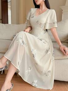 DAZY 女士优雅亮片花卉V领荷叶袖连衣裙，春夏婚礼宾客礼服/吊带裙 - 杏色 - 查看 1