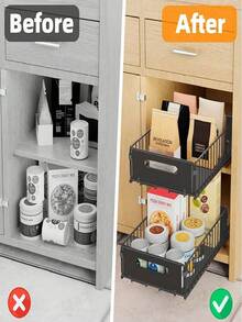 两件套拉出式橱柜储物架，重型滑出式食品储物架，滑动抽屉式食品储物架，适用于厨房、客厅、家居、厨房水槽储物、食品储藏室、浴室、橱柜储物、卧室装饰、装饰、储物和收纳 - 黑色 - 查看 8