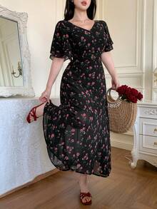DAZY Elegantes Damen Kleid mit Blumenmuster, V-Ausschnitt und Rüschenärmeln, Sommerkleid für Hochzeitsgäste, Ostersonnenkleid, Boho-Urlaubsoutfit für Frauen - Schwarz - Übersicht 8