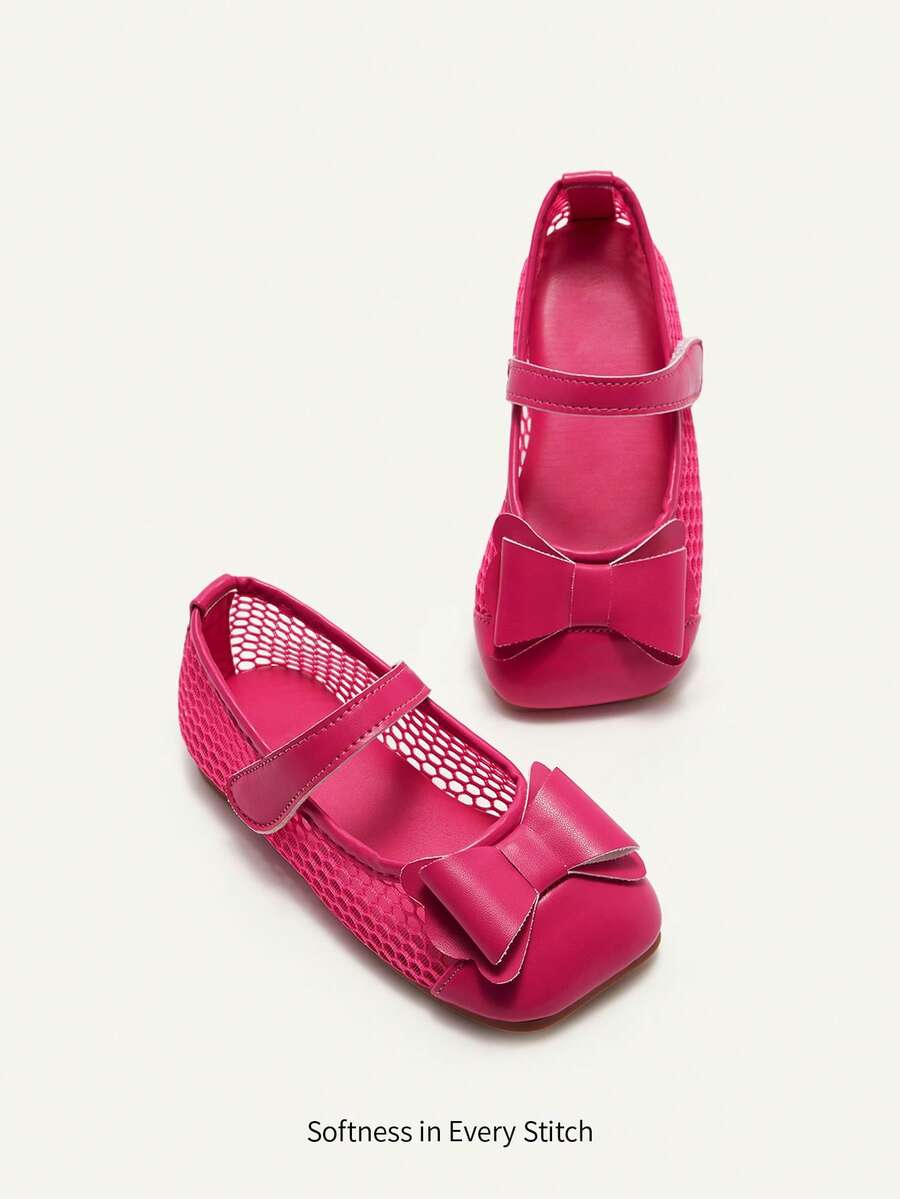 Cozy Pixies A Pair Of Mary Jane Princess Shoes With Rose Mesh Bow For Girls, Suitable For Festivals, Performances, Daily Wear, Birthday And Wedding Parties, Etc - Hot Pink - View 1