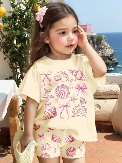 2pcs/Set Cute Ocean Creature, Shell, Bow Print Casual Short Sleeve Top And Shorts Set, Suitable For Summer, Vacaciones Relax, Beach Weekend, Cute Summer Outfits For , Summer Kids Items, Korean Style, Beach Mode On, Summer Outing Items