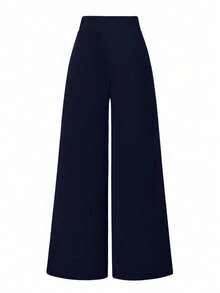 SHEIN PETITE 小码女式通勤极简针织弹力纹理面料收腰长裤 - 藏蓝色 - 查看 2