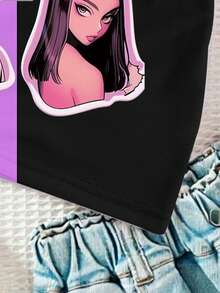 Young Girl Casual Fashionable Creative Personalized Refreshing Minimalist Cool Virtual Girl Group Pentagram Heart Purple Mix Black Graphic Tee, Comfortable Daily Wear, Cozy Summer & Fall Styles Suitable For Spring, Summer, Autumn Graphic Girl Shirts Anime Girl Shirt Tv Girl Shirt Merch Star Girl Shirt - Multicolor - View 7