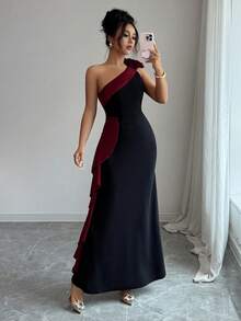 Elenzga Women's New Oblique Shoulder Contrast Color 3D Floral Ruffle Waist Mermaid Hem Elegant Maxi Dress - Red - View 4