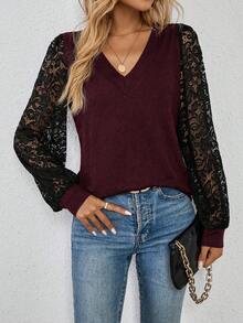SHEIN LUNE Women's Contrast Lace V-Neck Long Sleeve Elegant Fashionable Blouse Lace Sleeve Top Blouse For Women Casual Lace Blouse For Women Latest Tops For Women - Multicolor - View 4