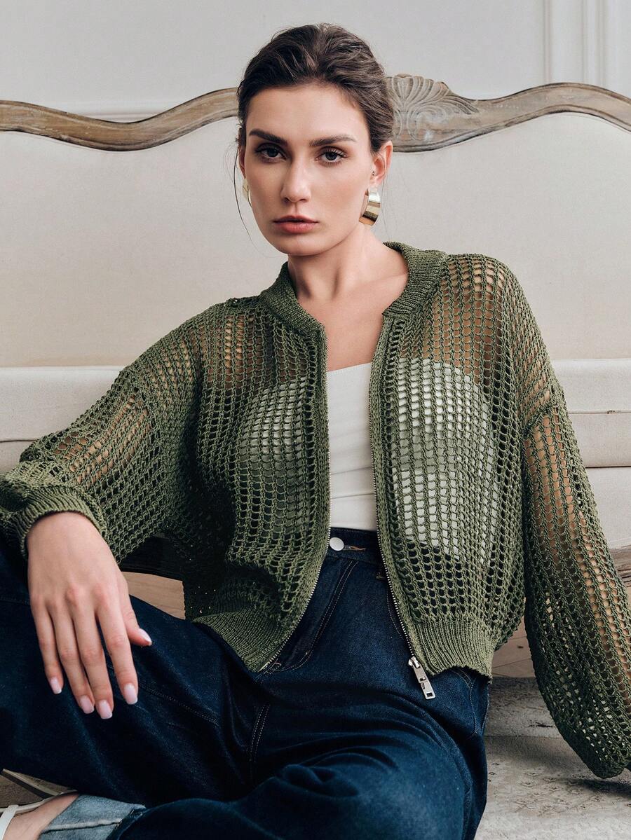 Anewsta Women's Casual Commuting Dropped Shoulder Loose Sheer Open Knit Zip-Up Cardigan - Cadet Blue - View 1