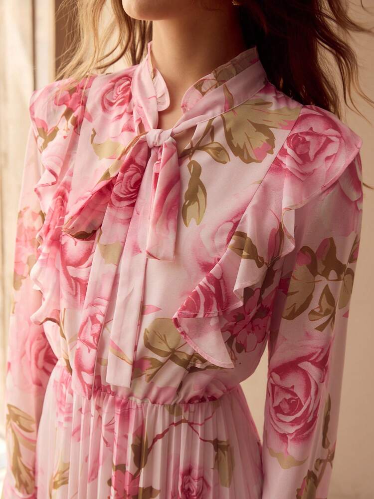 WOMEN'S ALLOVER ROSE FLORAL PRINT PLEATED DRESS