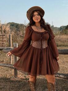 Ceyna Plus Size Cinched Waist Ruffle Flare Sleeve A-Line Jacquard Dress - Brown - View 3