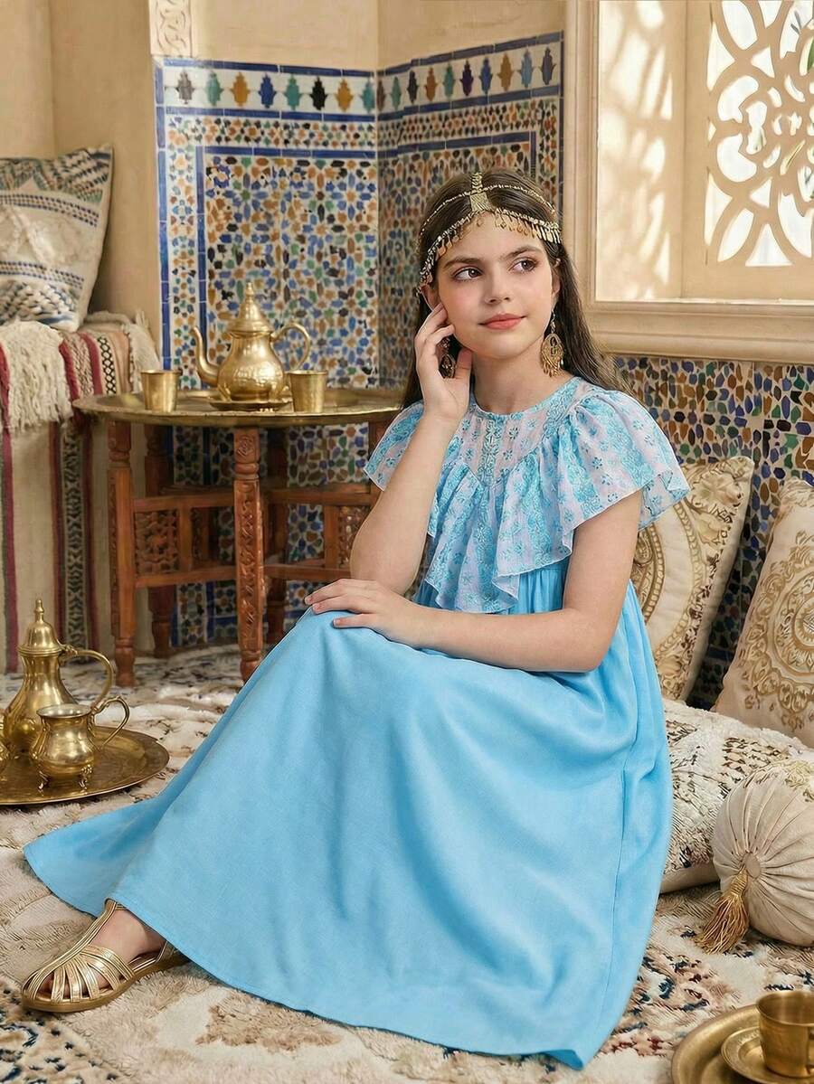 SHEIN Đầm ngắn tay dáng suông họa tiết hoa cho bé gái tuổi teen. - Màu xanh lam - Xem 1