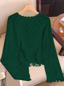 SHEIN Franclia 博主风时尚撞色系带镂空花卉流苏套头毛衣，欧美新品 - 綠色 - 查看 2