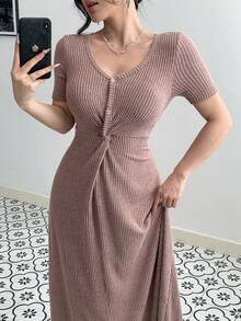 DAZY Women's Elegant V-Neck Twist Dress, Summer Wedding Guest Dress - Pink - View 6