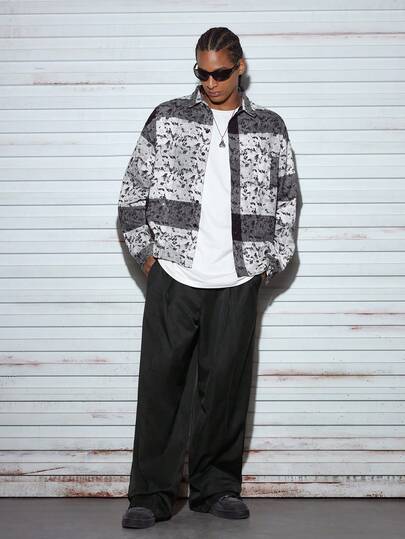 Modcrash Men's Luxury Fashion Elegant Retro Plaid & Leopard Print Patchwork Rhinestone Decor Short Stand Collar Full Zip Long Sleeve Shirt Jacket Spring To Summer Retro American,Unisex Summer Tops Summer Outfits,Suitable For Everyday Wear,Relaxed Fit ,Summer Holiday Outfits