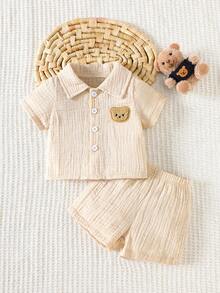 SHEIN 两件套，新生儿春夏休闲风，小熊图案印花上衣和小熊图案印花短裤 - 杏色 - 查看 2