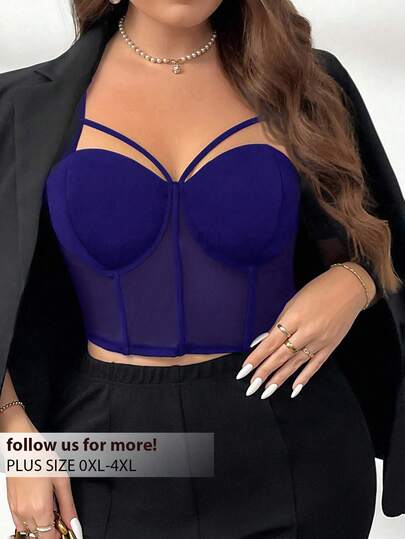 Firerie Plus Size Elegant Mesh Lace-Up Hollow Camisole,Royal Blue,Summer,Classy,Night Out Club Sophisticated Workplace Built In Bra Cropped Fairy Curvy Tops