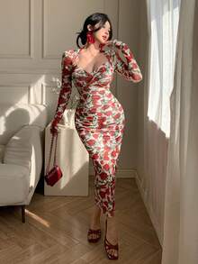 DAZY Spring & Summer Floral Print Elegant Bodycon Midi Dress, Casual Beach Vacation Dress With Twist Design, Suitable For Wedding, Commute