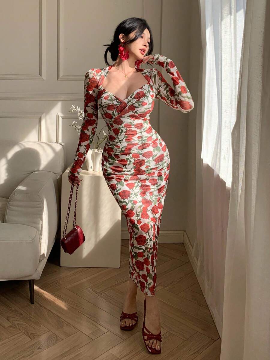 DAZY Spring & Summer Floral Print Elegant Bodycon Midi Dress, Casual Beach Vacation Dress With Twist Design, Suitable For Wedding, Commute