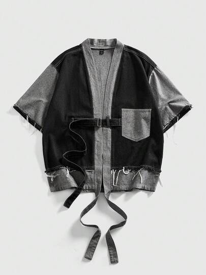 ROMWE MEN Street Life 男士二合一拼接口袋纽扣设计休闲百搭通勤牛仔短袖上衣