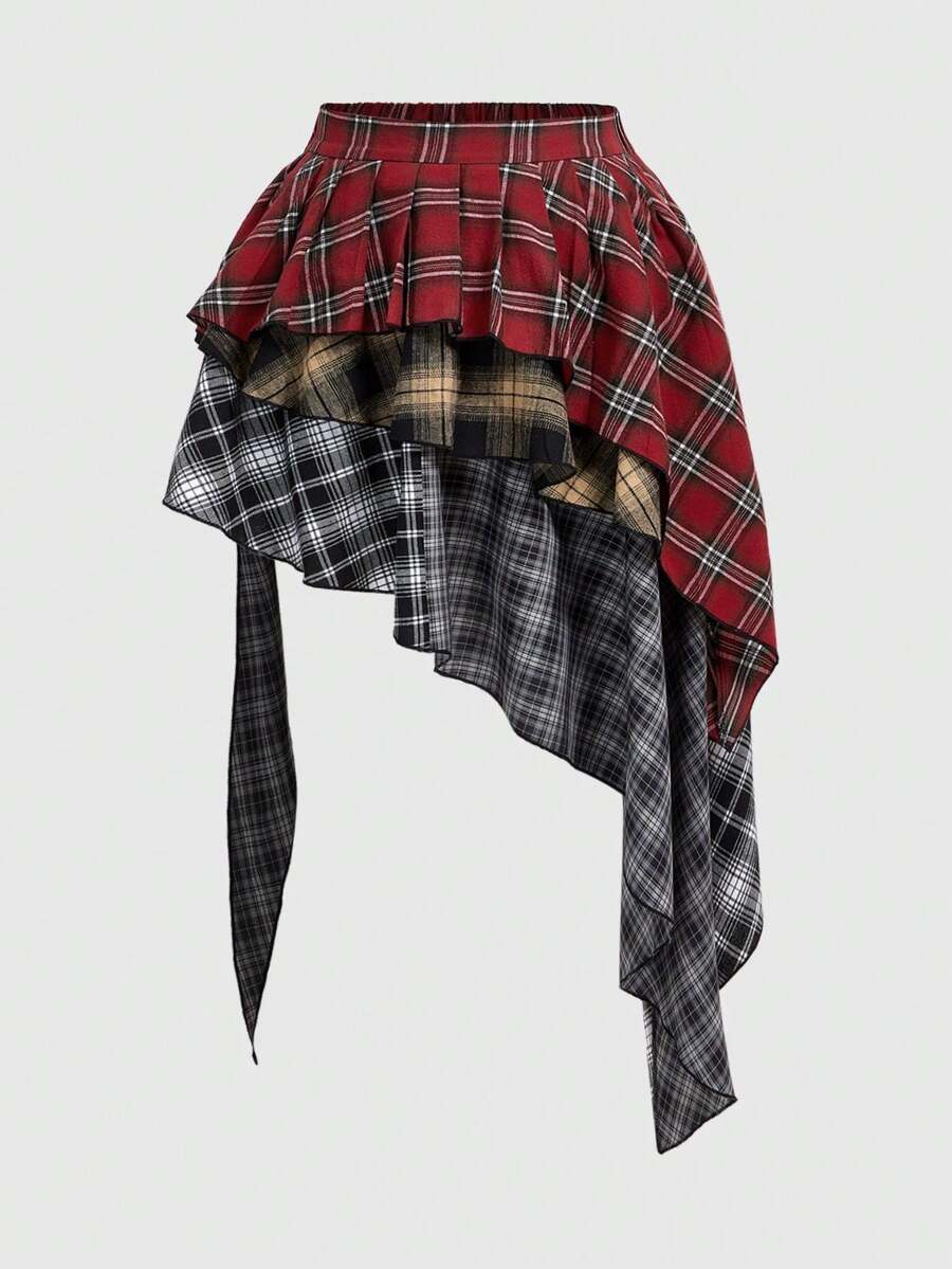 ROMWE Grunge Punk Grunge Vintage Baddie 做旧美式格子拼接不对称下摆加大码女裙 - 彩色 - 查看 1