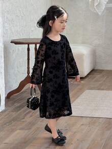 DAZY Young Girl Floral Flocked & Mesh Long Sleeve Casual Dress - Black - View 1