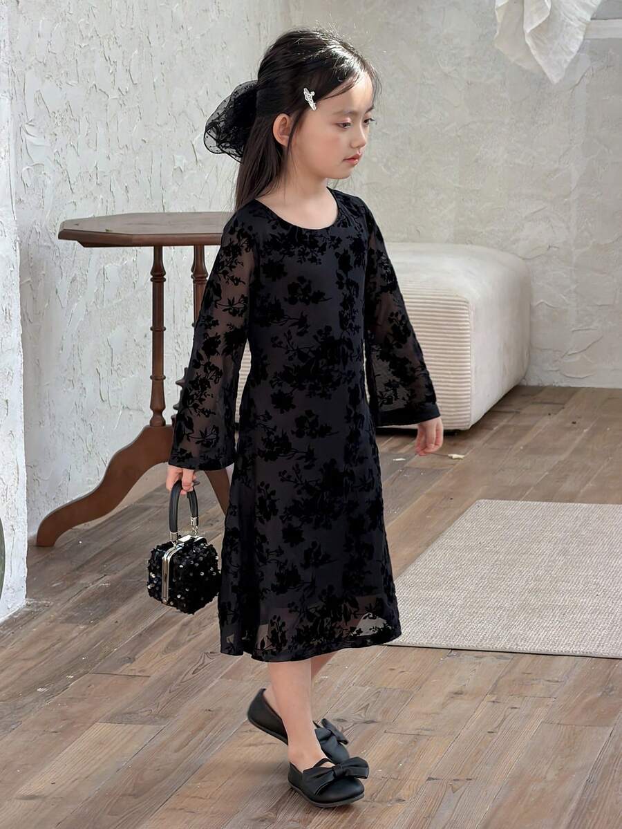DAZY Young Girl Floral Flocked & Mesh Long Sleeve Casual Dress - Black - View 1