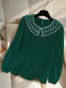GlowEve CURVE Elegant Plus Size Dark Green Blouse Round Neck Long Sleeve Rhinestone Details Semi Sheer Woven Fabric Top - Dark Green - View 1