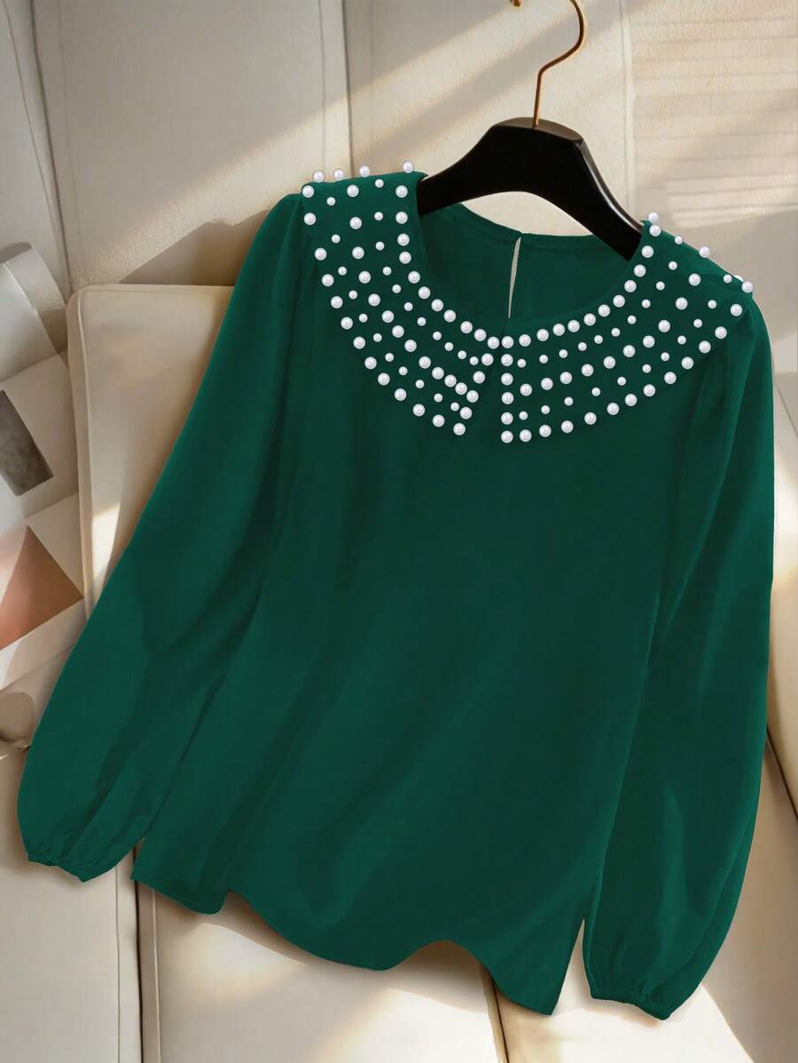 GlowEve CURVE Elegant Plus Size Dark Green Blouse Round Neck Long Sleeve Rhinestone Details Semi Sheer Woven Fabric Top - Dark Green - View 1