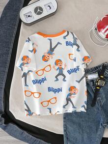 Blippi X SHEIN 男童休闲卡通图案圆领短袖T恤，夏季 - 白色 - 查看 2