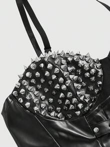 ROMWE Sexy Dark PUNK Rivet Patchwork Women PU Cami Top - Black - View 4