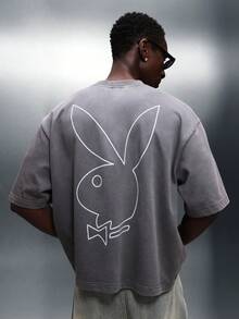 PLAYBOY X SUMWON 男士短款宽松版型短袖圆领T恤，背面印有大图案，休闲夏季水洗棉上衣 - 灰色 - 查看 1