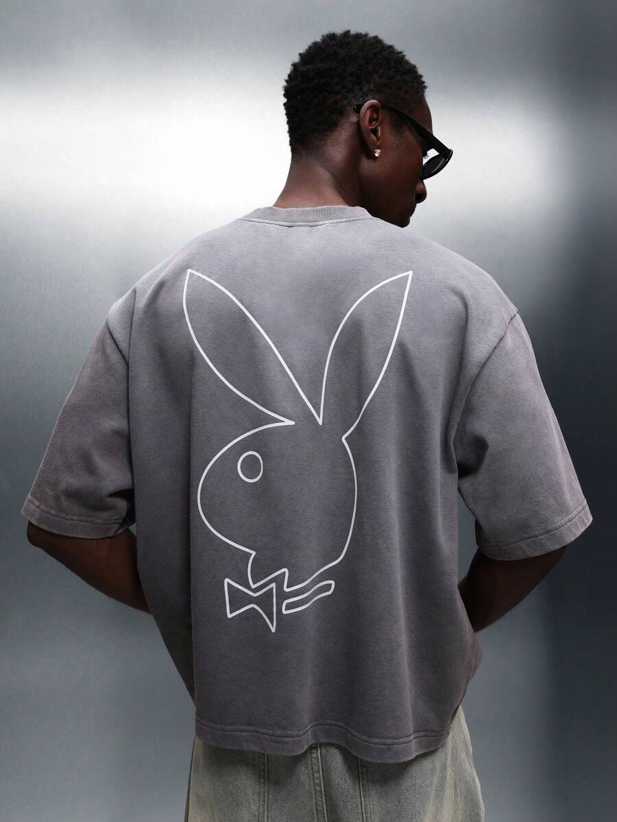 PLAYBOY X SUMWON 男士短款宽松版型短袖圆领T恤，背面印有大图案，休闲夏季水洗棉上衣 - 灰色 - 查看 1