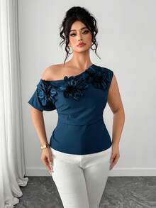 Elenzga Plus Size Women Floral Decor Oblique Shoulder Fashionable Vintage Elegant Casual Date Holiday Blouse - Blue - View 4