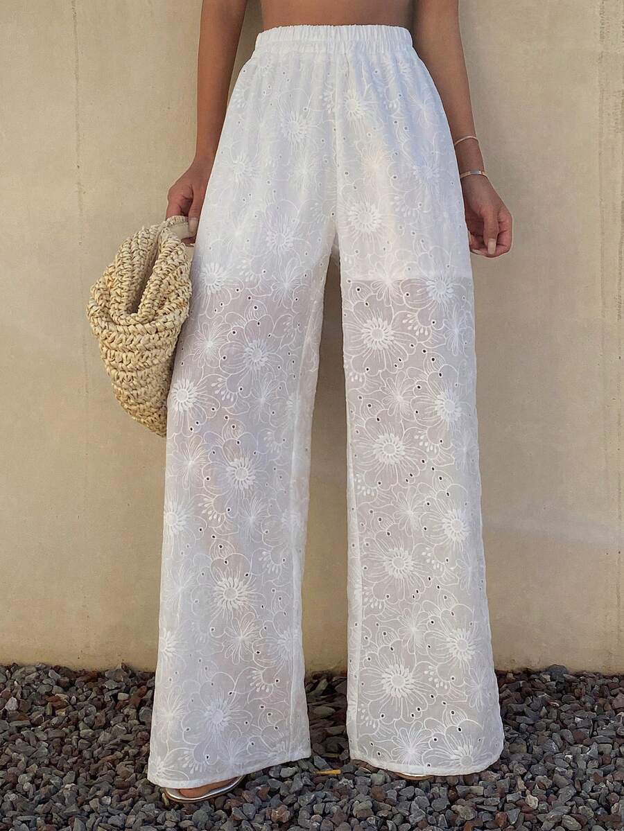 Livesso Pantalones casuales de mujer con cordón en la cintura, unicolor, bordados, estilo boho para vacaciones - Blanco - Ver 1