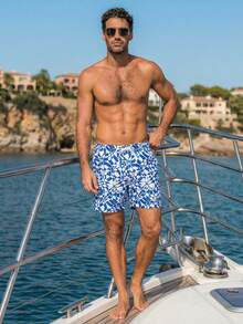 Manfinity Swimmode Men's Summer Vacation Style All-Over Print Drawstring Waist Beach Shorts - Blue and White - View 3