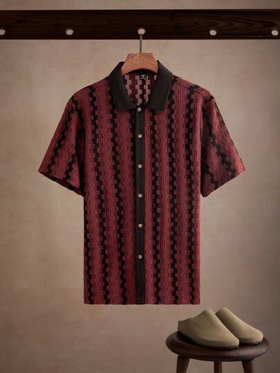 Core Aspect 男士休闲撞色条纹短袖衬衫，夏季