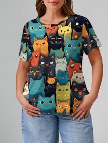 EMERY ROSE Áo thun ngắn tay in hình mèo hoạt hình cỡ lớn dành cho nữ, kiểu dáng thường ngày. - Nhiều màu - Xem 3