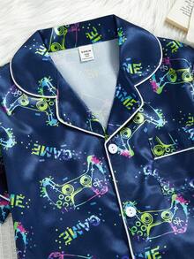 男童睡衣套装 - 两件套睡衣，短袖纽扣领上衣搭配同色短裤，藏蓝色霓虹游戏手柄印花，夏季家居服，休闲服，假日必备，2026 轻盈舒适 - 彩色 - 查看 5