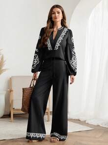 Easowa V领镂空蝴蝶结灯笼袖上衣和侧袋阔腿裤两件套，印花图案，休闲优雅的办公/度假女装，春夏款 - 黑色 - 查看 2